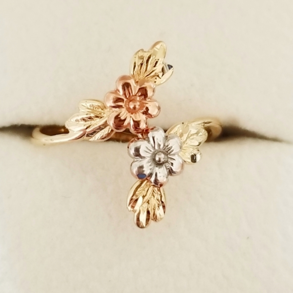 10K Gold Floral Tri Color Bypass Ring - Picture 9 of 12